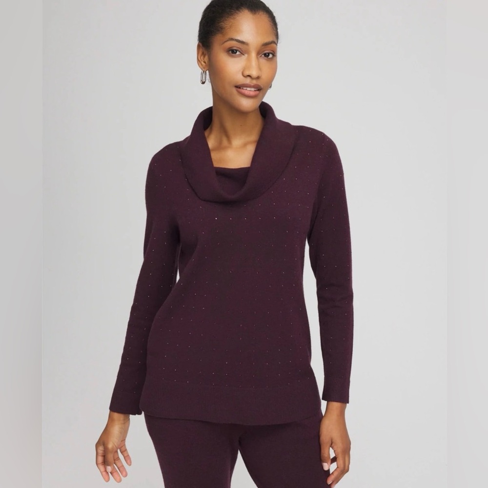 Chico's Zenergy Luxe Diamante Cowl neck Tunic/Sweater Night Bloom